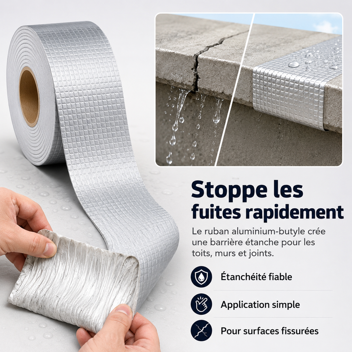 Ruban étanche pour réparation toits et piscines. Adhésif puissant scellant fuites, résistant chaleur extérieur.