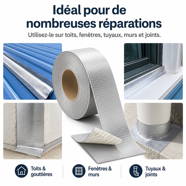 Ruban adhésif anti-fuite puissant pour bricolage. Réparation étanche toiture, murs, piscines, extérieur durable.