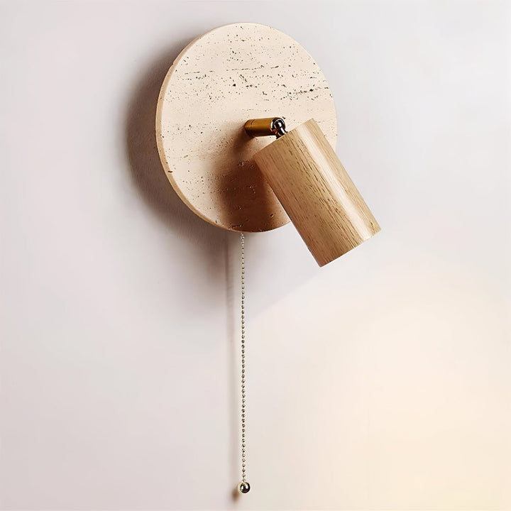 Applique murale LED ronde. Travertin, bois. Design moderne avec spot orientable. Lumière d'ambiance. [[lstfy-media:13]]