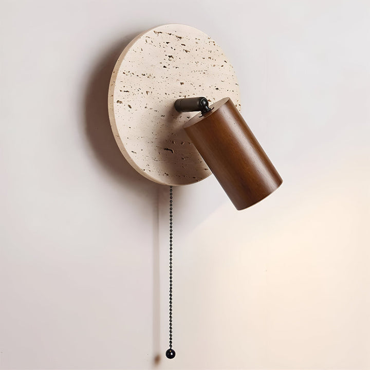 Applique murale LED économique, ronde, en travertin et bois. Spot orientable. Déco moderne chambre/salon. [[lstfy-media:15]]