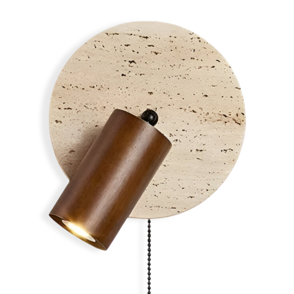 Applique murale LED couloir, travertin et bois. Ronde, spot orientable. Design moderne et économie d'énergie. [[lstfy-media:17]]