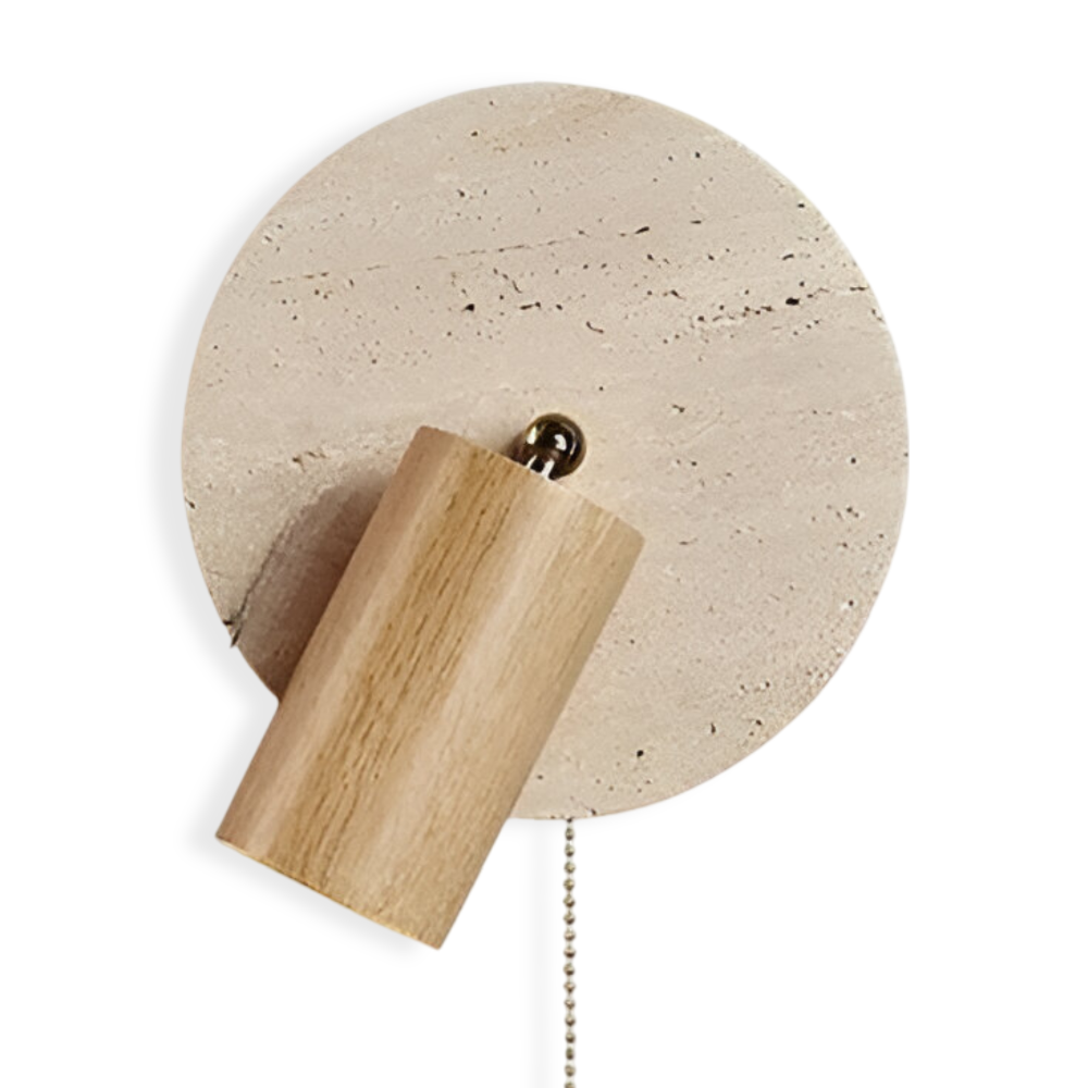 Lampe murale LED design scandinave, ronde. Travertin et bois, spot orientable. Éclairage intérieur décoratif. [[lstfy-media:18]]