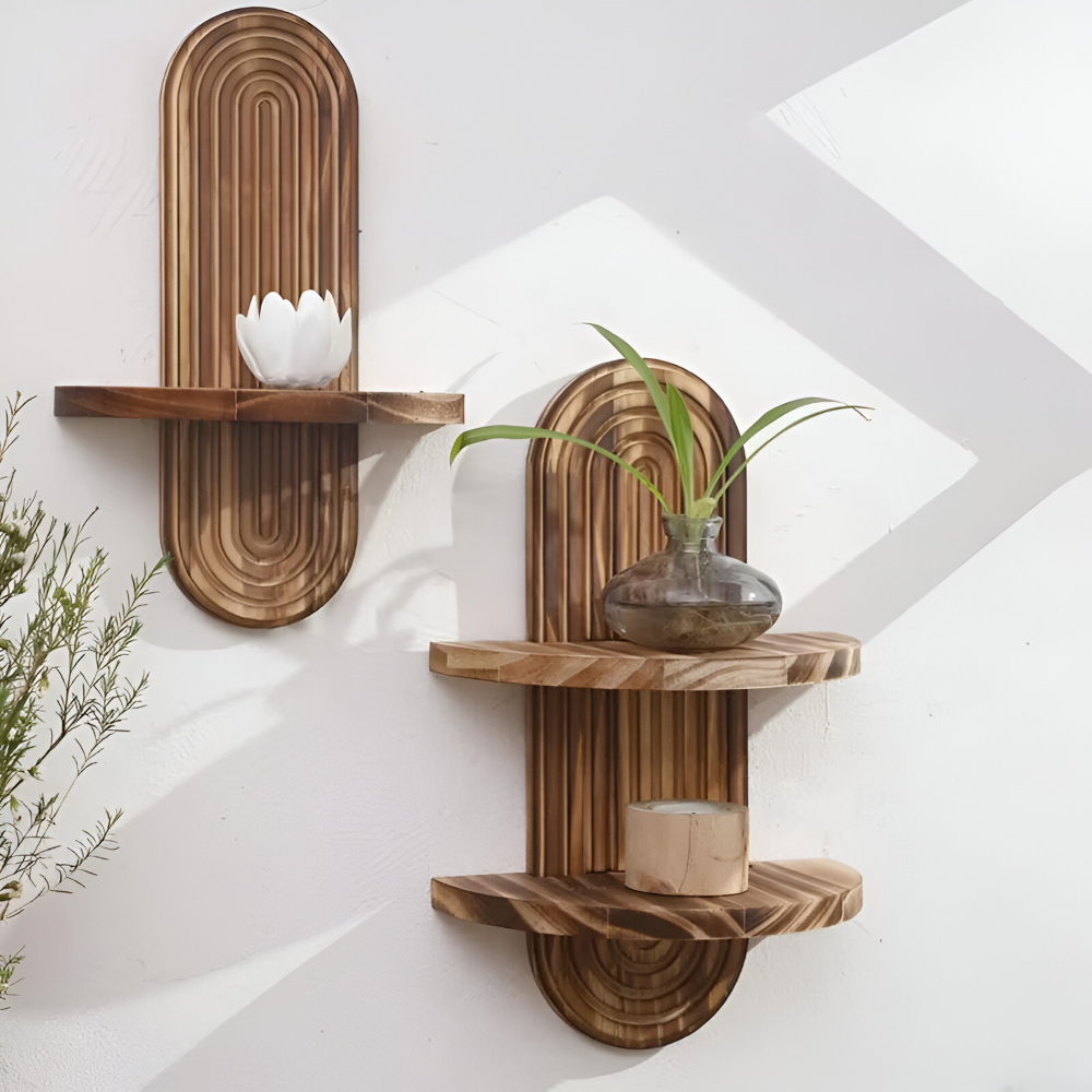 Étagère murale ovale en bois massif rustique, parfaite pour une déco bohème et rangement mural élégant.