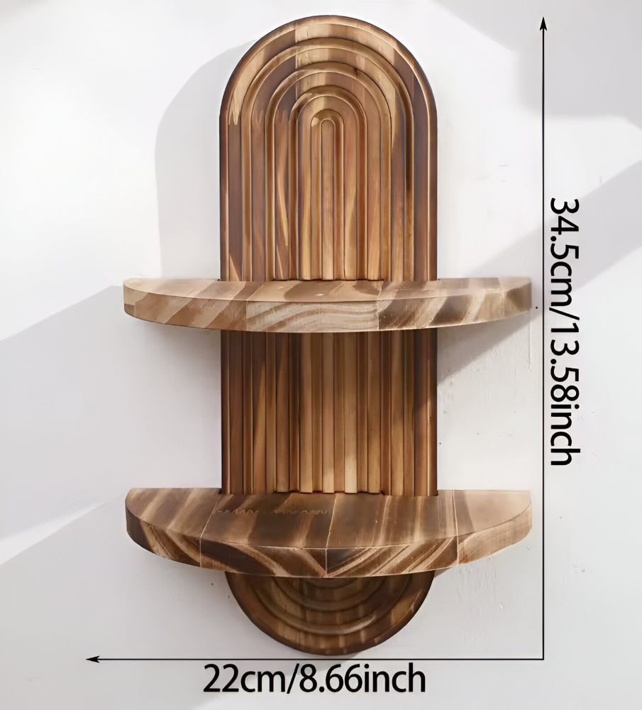 Rangement mural salon : étagère ovale en bois rustique pour une touche bohème chic et naturelle.