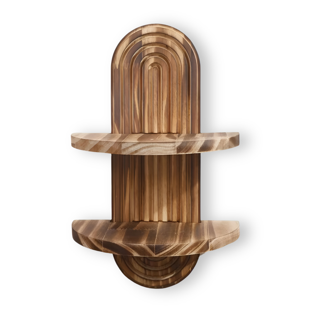 Accessoire maison : étagère murale ovale en bois rustique. Style bohème chic, idéale pour la déco intérieure.