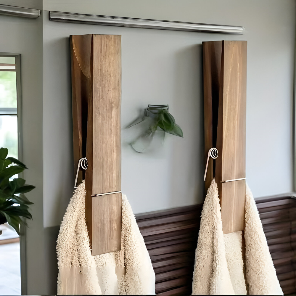 Support à serviettes bois massif, design scandinave rustique, fixation murale pour salle de bain.