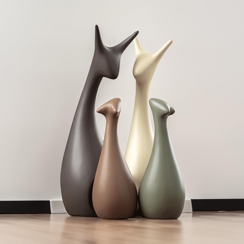 Ensemble de 4 figurines cerf décoratives rustiques pour salon ou jardin, ajoutant un charme naturel.