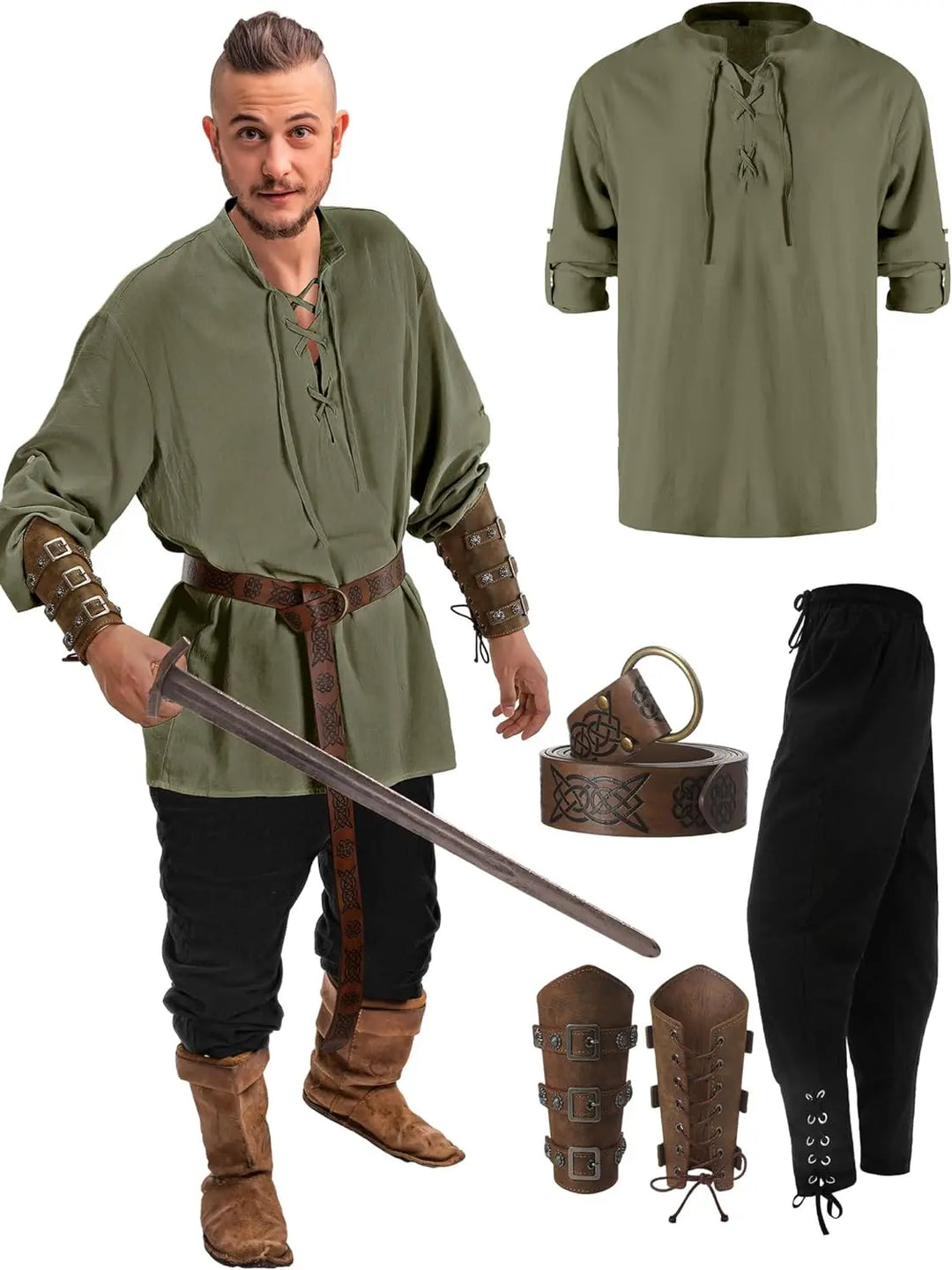 Ensemble complet déguisement Viking homme : tunique, pantalon, ceinture, accessoires pour fête, cosplay ou Halloween.