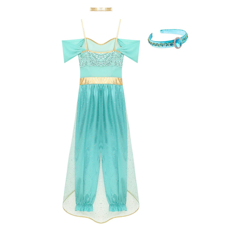 Tenue de princesse orientale pour femme, esprit Jasmine, en tissu léger et brillant. Idéale pour carnaval.