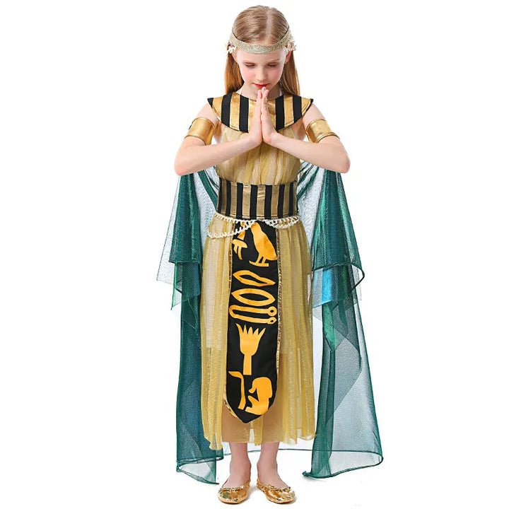 Déguisement historique Cléopâtre fille, costume pharaon égyptien avec coiffe, collier et bracelets. Pour jeu et fête.