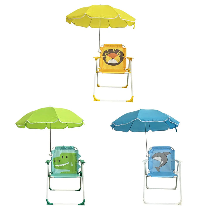 Chaise de plage enfant pliable verte avec auvent anti-UV, idéale pour le jardin et l'extérieur.