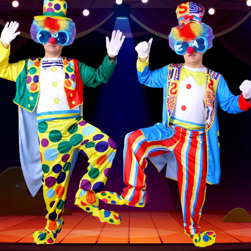 Costume de clown joyeux et coloré pour adulte, idéal animation et fête.