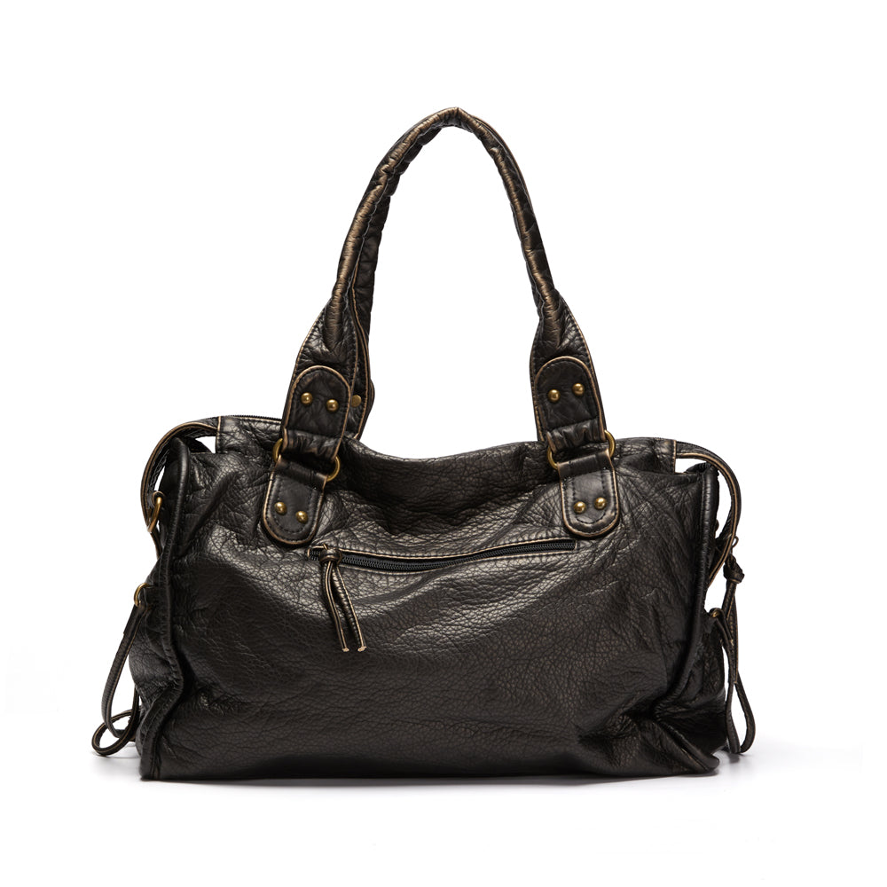 Sac cabas noir vintage pour femme active ou étudiante, grand espace de rangement en similicuir.