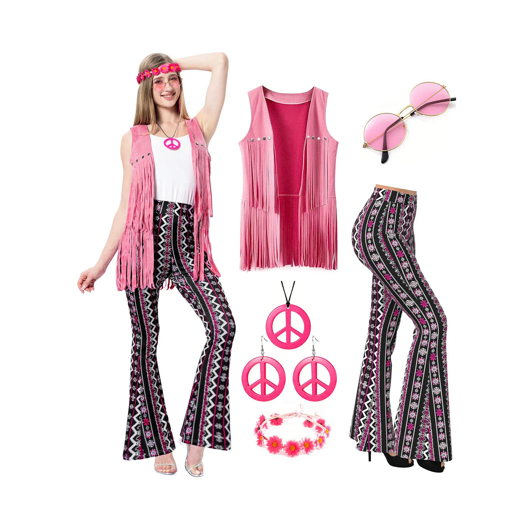 Costume années 70 femme hippie, robe à motifs fleurs et bandeau assorti pour look rétro authentique.