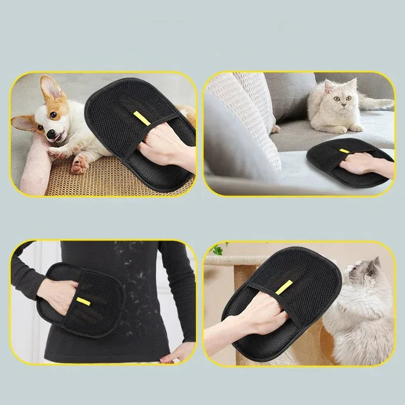 Gant de nettoyage réutilisable éliminant les poils de chat sur textiles. Idéal pour garder canapés et vêtements impeccables.
