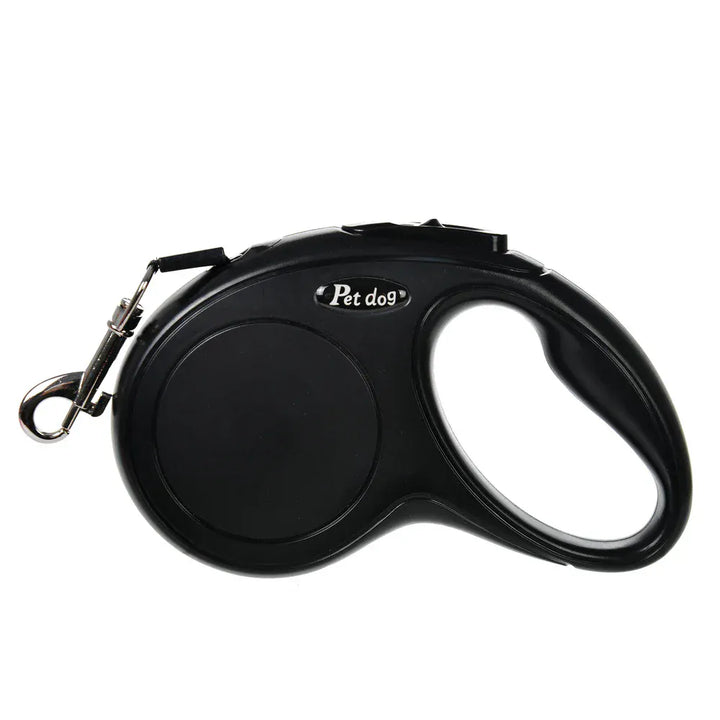 Laisse de promenade automatique pour chien de taille moyenne, design compact et robuste en plastique.