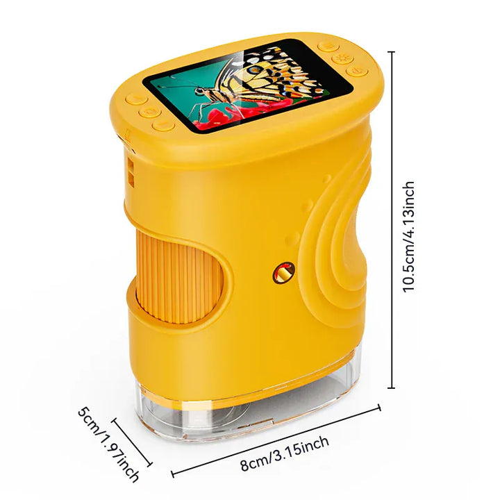 Jeune scientifique utilisant un microscope numérique portable 1000X pour observer des spécimens, éducation STEM.