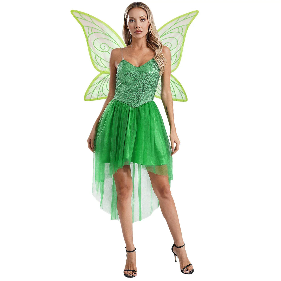 Déguisement Clochette adulte avec robe verte et ailes scintillantes, parfait pour soirée féerique ou carnaval.