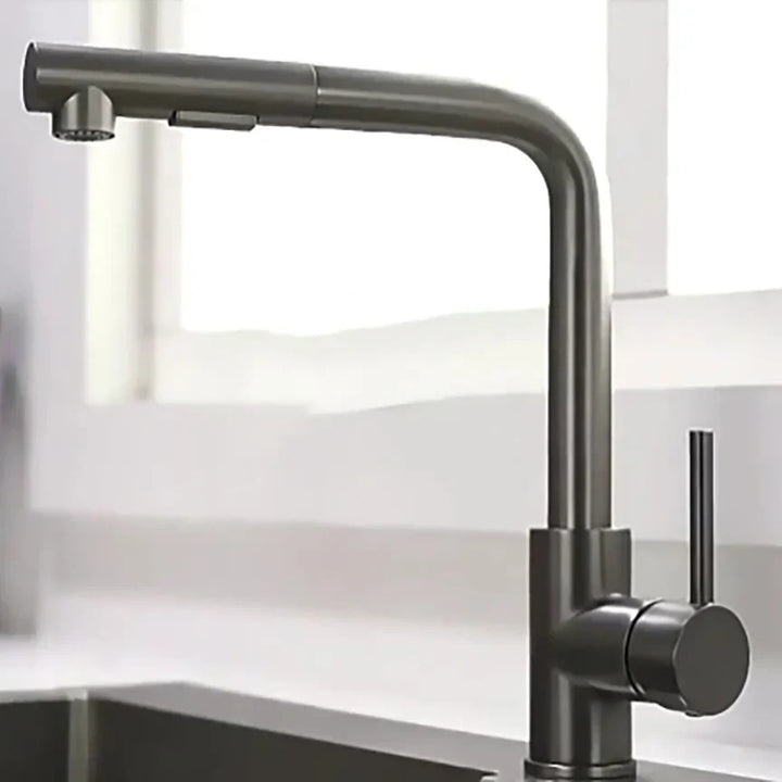 Robinet mitigeur de cuisine noir pivotant, douchette extractible, installé sur évier de cuisine.