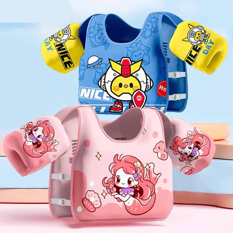 Gilet flottant enfant avec brassards intégrés pour natation sécurisée, idéal piscine et plage.