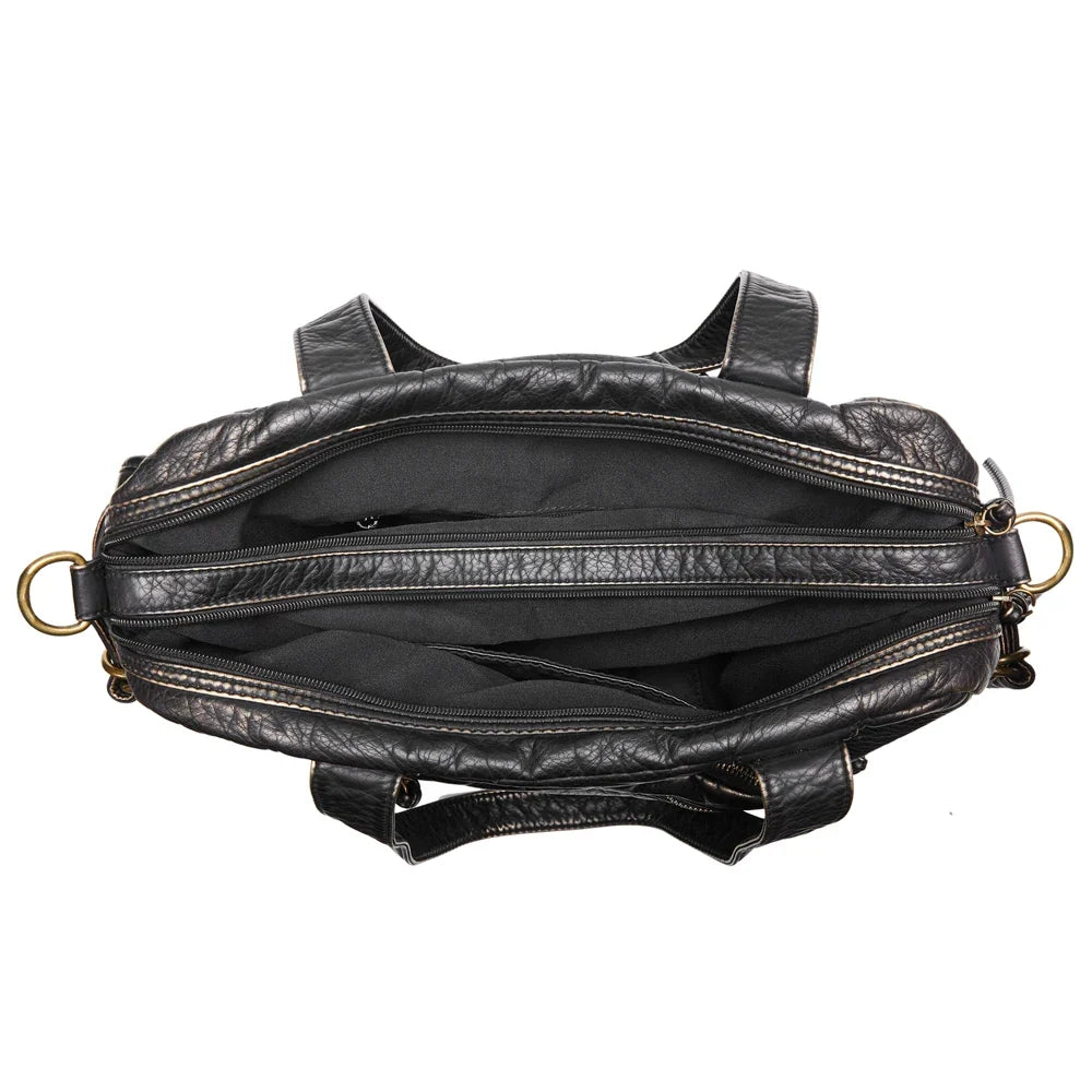 Sac de cours femme en cuir synthétique noir, style vintage/rétro, ultra-organisé pour vos affaires.