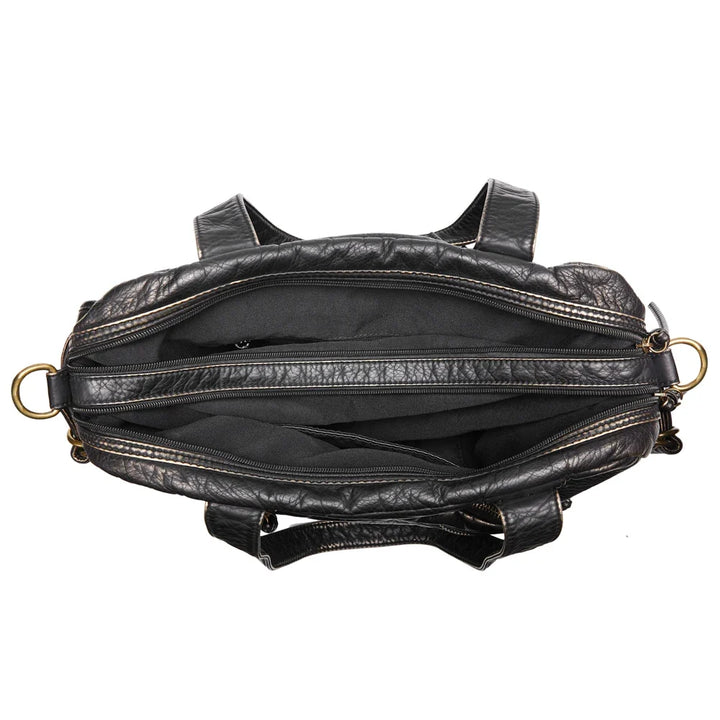 Sac de cours femme en cuir synthétique noir, style vintage/rétro, ultra-organisé pour vos affaires.