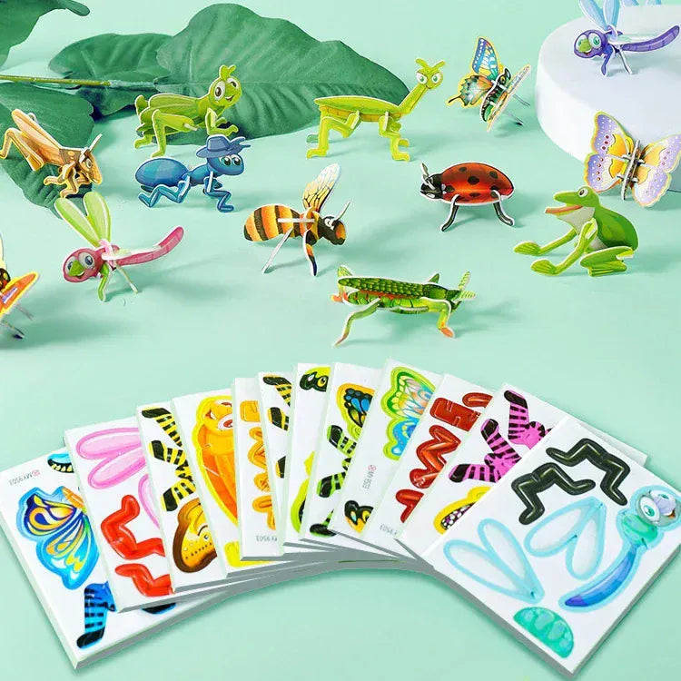 Enfants s'amusant avec les puzzles 3D InsectiCraft, créant des insectes en papier pour développer leur imagination et habiletés.