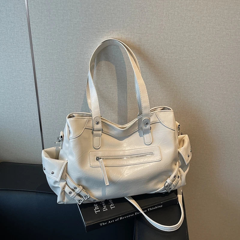 Sac chic vintage en cuir PU pour femme, idéal sac de cours lycéenne, grand et tendance.