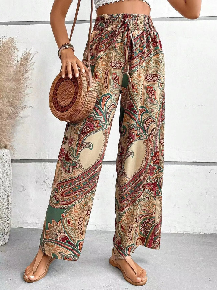 Pantalon large imprimé vintage pour femme, taille haute, style chic et confortable pour l'été et le printemps.