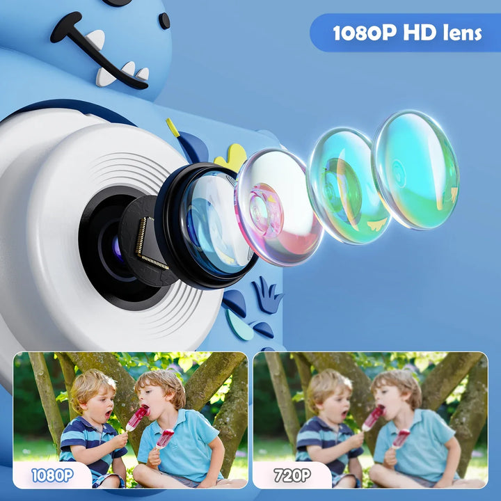 Caméra numérique DinoElite Junior bleue pour garçon, antichoc et portable, idéal pour capturer des aventures en 1080p.