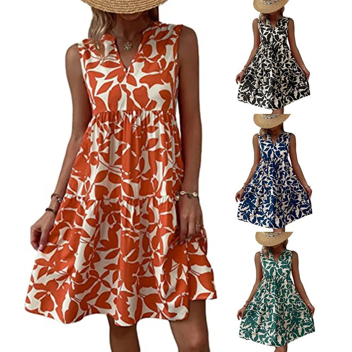 Robe courte femme sans manches couleur vive (orange), tendance et confortable pour l'été. Style moderne et chic.