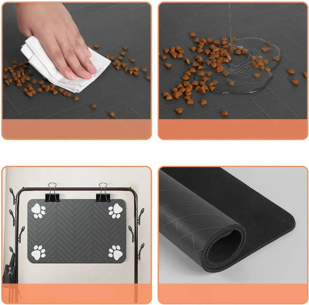 Tapis protecteur pour gamelles animaux. Antidérapant et absorbant, pour propreté maximale autour des repas.