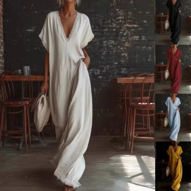 Robe longue en polyester fluide pour femme, col V profond et finitions en dentelle. Élégance estivale.
