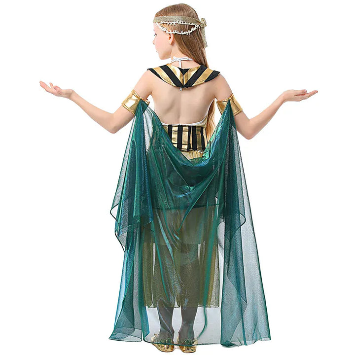 Ensemble complet déguisement Cléopâtre enfant, costume égyptien royal fille. Idéal pour fêtes à thème Égypte antique.
