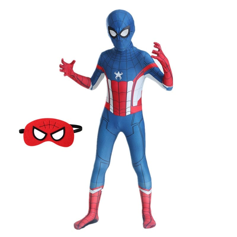 Enfant sautant en costume Spiderman, exprimant la joie et l'imagination d'être un superhéros Marvel.