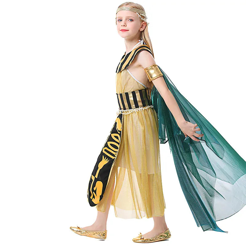 Costume de reine égyptienne Cléopâtre pour enfant, tenue royale dorée et blanche. Parfait pour fête à thème.