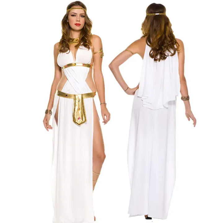Costume Cléopâtre égyptienne pour femme, robe élégante or et blanc avec accessoires, parfait pour fête ou Halloween.
