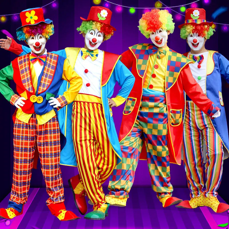 Déguisement clown adulte multicolore pour fête, carnaval ou spectacle. Polyester.