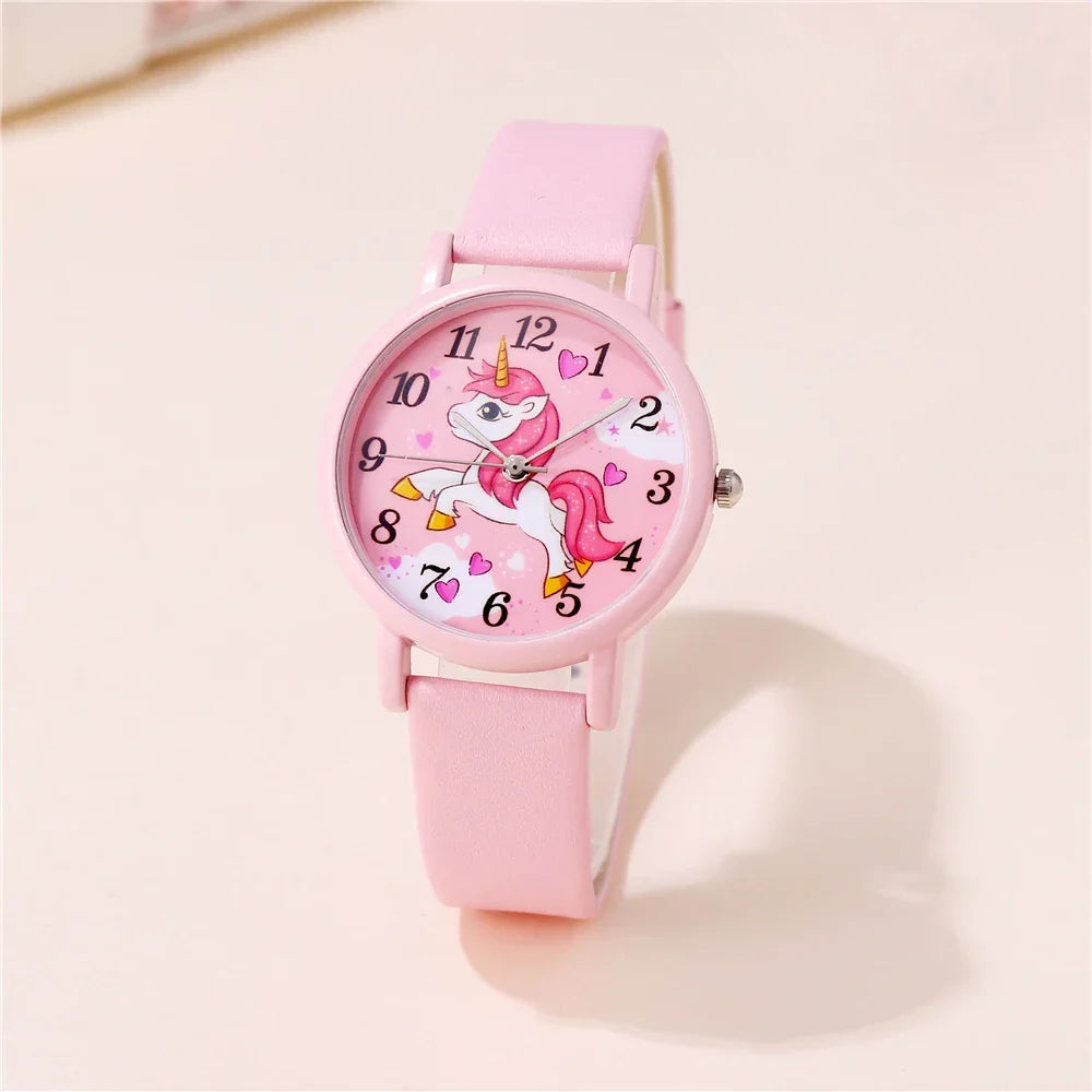 Montre enfant licorne mignonne, bracelet en cuir PU rose, cadran magique. Idéal pour apprendre l'heure.