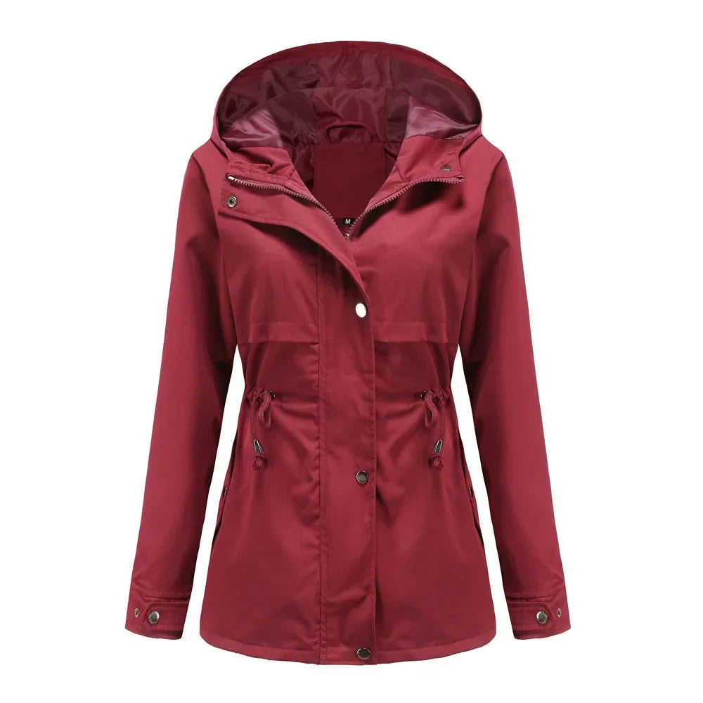 Manteau imperméable femme à capuche, style décontracté et élégant, idéal pour la ville et les sorties.