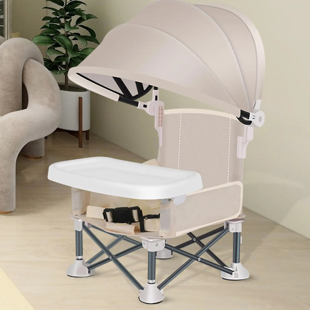 Chaise haute enfant portable avec grand plateau repas amovible, pour le confort et la sécurité du bébé.