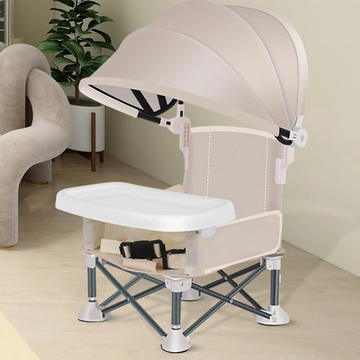 Chaise haute enfant portable avec grand plateau repas amovible, pour le confort et la sécurité du bébé.