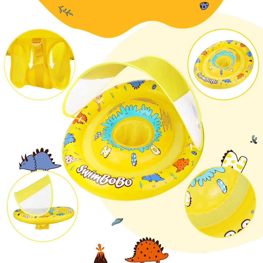 Bouée bébé gonflable pour des jeux aquatiques amusants en piscine ou plage. Siège et pare-soleil inclus. Été.
