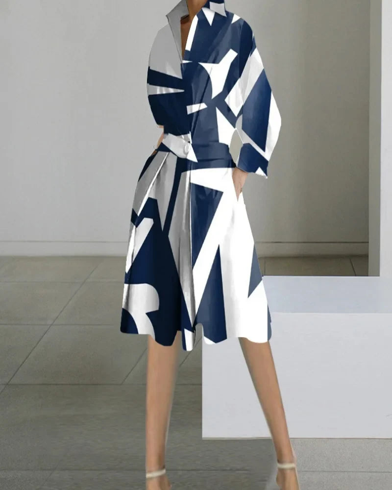 Robe midi élégante femme, manches longues, col V flatteur et poches. Style chic et confortable pour toute occasion.