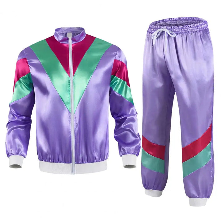 Costume de fête rétro années 80: survêtement unisexe zippé colorblock, parfait pour un spectacle.