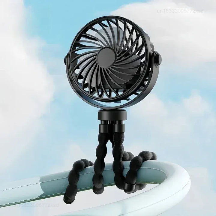Ventilateur USB portable flexible blanc, idéal pour bureau, poussette, voyage. Refroidissement silencieux été.
