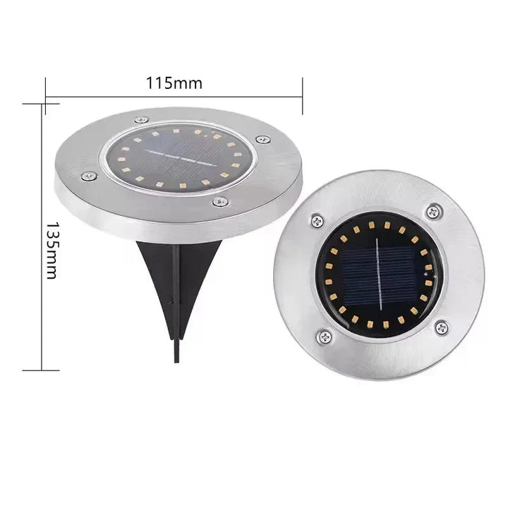 Éclairage solaire de jardin LED en acier inoxydable, encastrable, rond et étanche, pour un chemin ou une terrasse extérieure.