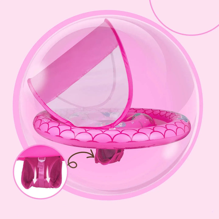 Bouée bébé gonflable avec siège et pare-soleil. Protection solaire, confort et sécurité pour l'été aquatique.