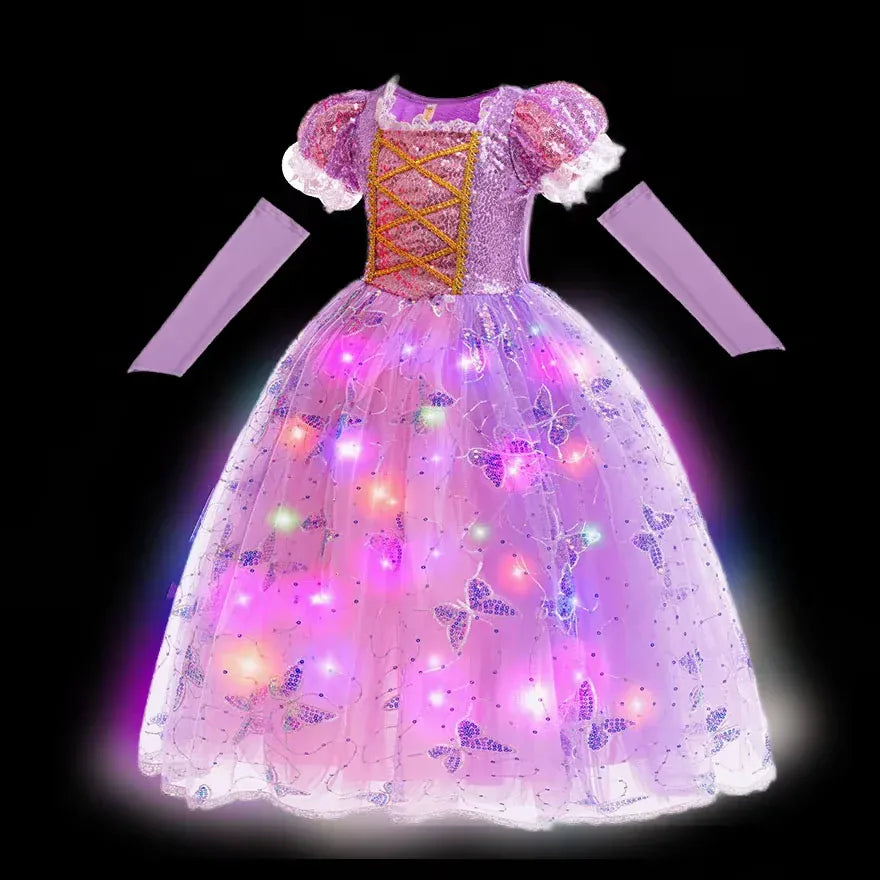 Robe déguisement princesse Raiponce lumineuse pour fille, idéale fêtes, carnaval, anniversaire. Costume LED enfant.