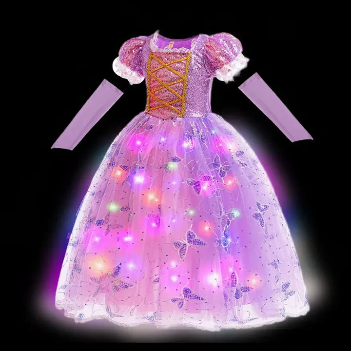 Robe déguisement princesse Raiponce lumineuse pour fille, idéale fêtes, carnaval, anniversaire. Costume LED enfant.